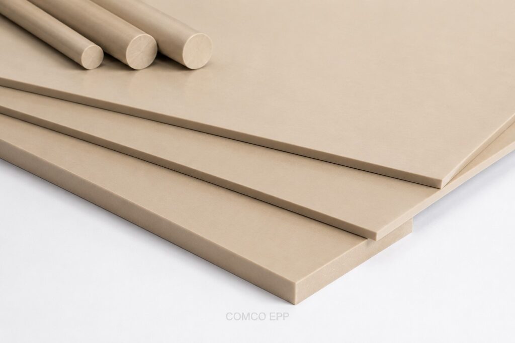 Glass fibre reinforced PEEK GF30 sheet and rod in natural from COMCO EPP