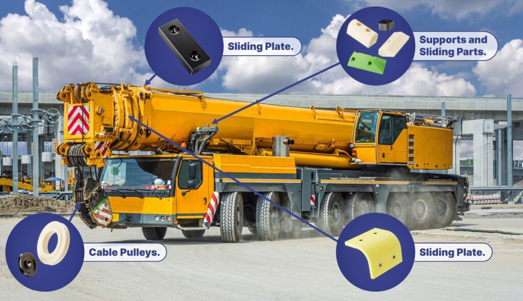 Cast nylon sheaves and sliders on a mobile crane